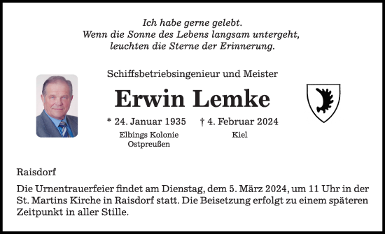 Traueranzeige von Erwin Lemke von Kieler Nachrichten