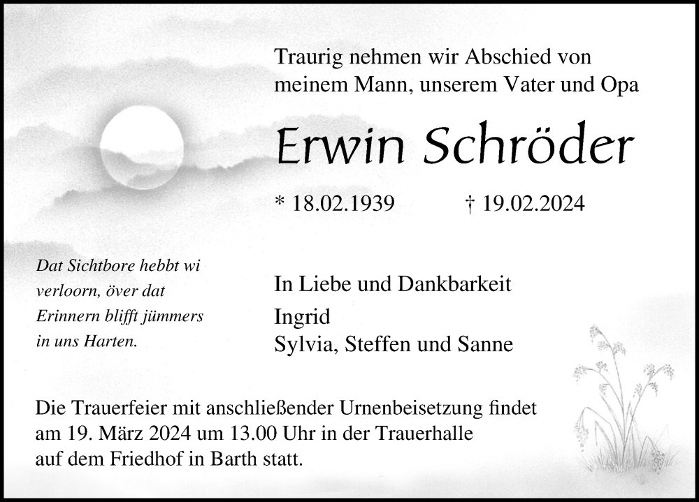  Traueranzeige für Erwin Schröder vom 02.03.2024 aus Ostsee-Zeitung GmbH
