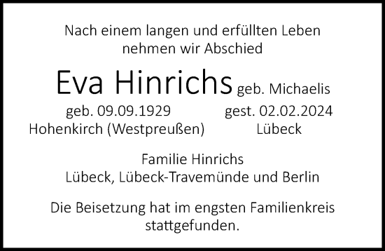 Traueranzeige von Eva Hinrichs von Lübecker Nachrichten