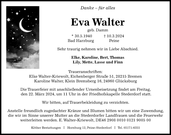 Traueranzeige von Eva Walter von Peiner Allgemeine Zeitung