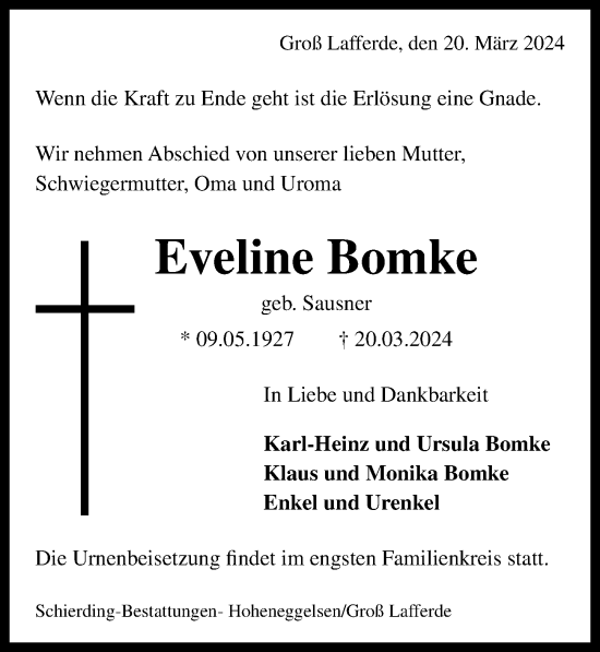 Traueranzeige von Eveline Bomke von Peiner Allgemeine Zeitung