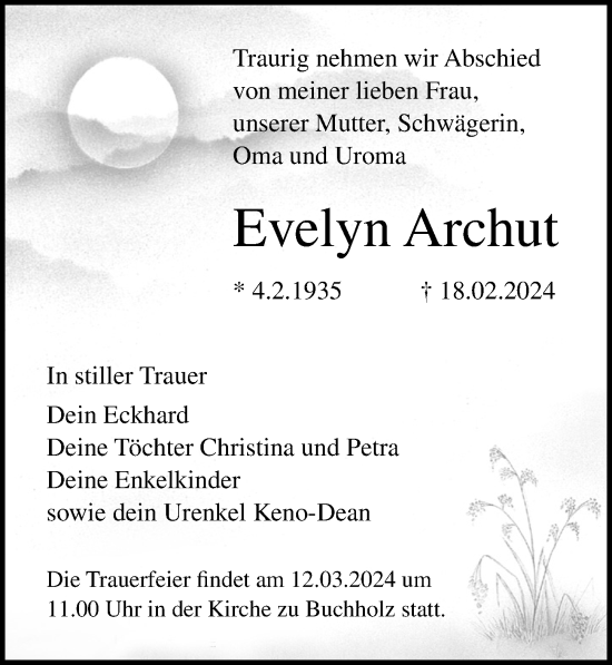 Traueranzeige von Evelyn Archut von Ostsee-Zeitung GmbH