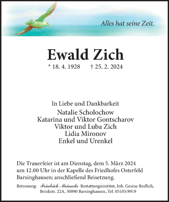 Traueranzeige von Ewald Zich von Hannoversche Allgemeine Zeitung/Neue Presse