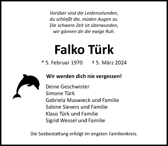Traueranzeige von Falko Türk von Ostsee-Zeitung GmbH