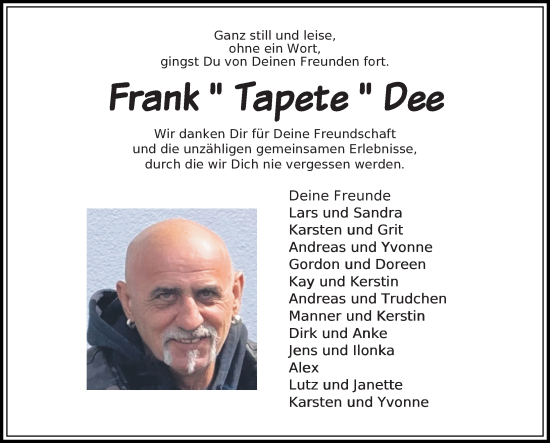 Traueranzeige von Frank Dee von Ostsee-Zeitung GmbH