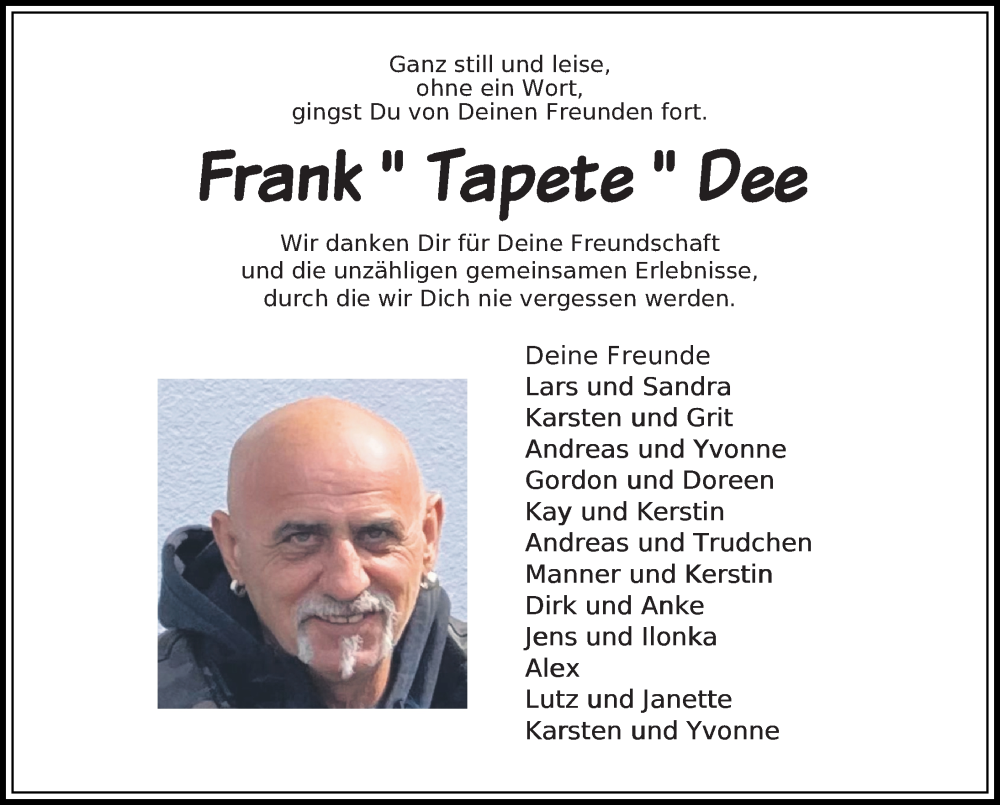  Traueranzeige für Frank Dee vom 02.03.2024 aus Ostsee-Zeitung GmbH