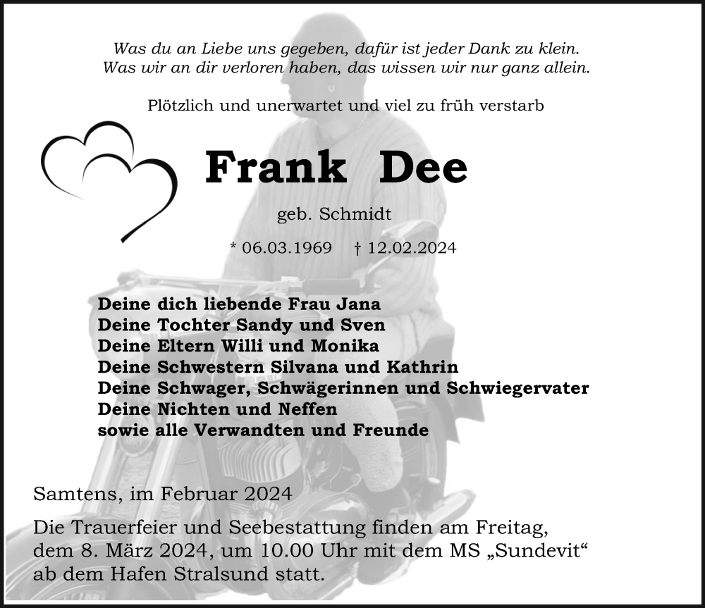  Traueranzeige für Frank Dee vom 02.03.2024 aus Ostsee-Zeitung GmbH