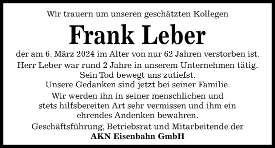 Traueranzeige von Frank Leber von Kieler Nachrichten