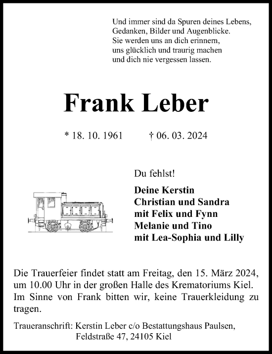 Traueranzeige von Frank Leber von Kieler Nachrichten