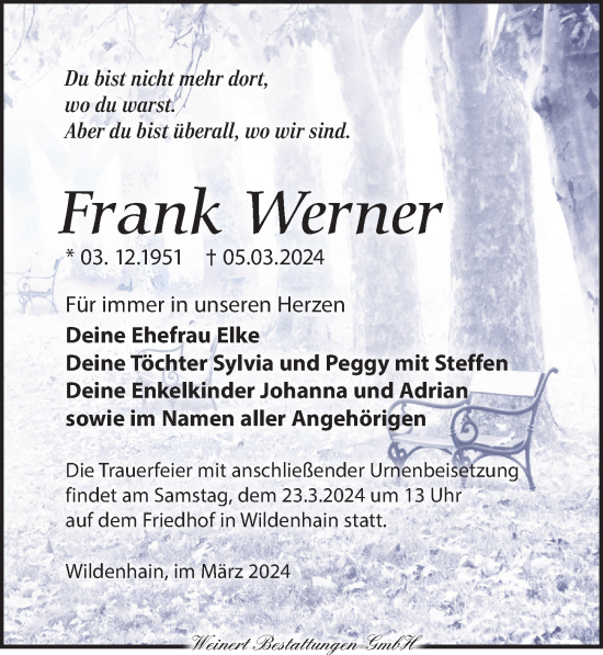 Traueranzeige von Frank Werner von Torgauer Zeitung