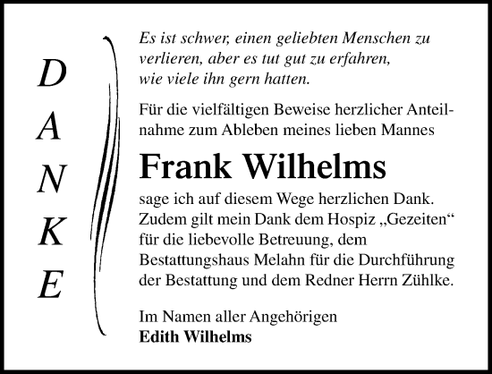 Traueranzeige von Frank Wilhelms von Ostsee-Zeitung GmbH