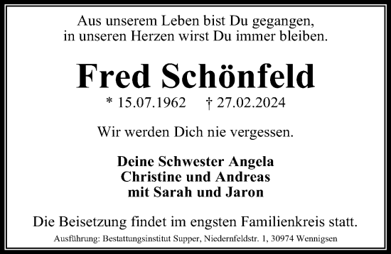 Traueranzeige von Fred Schönfeld von Hannoversche Allgemeine Zeitung/Neue Presse