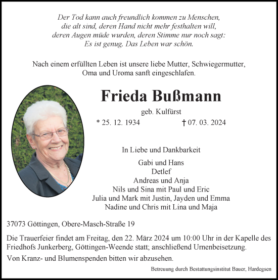Traueranzeige von Frieda Bußmann von Göttinger Tageblatt