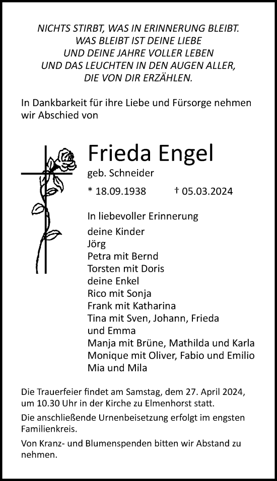 Traueranzeige von Frieda Engel von Ostsee-Zeitung GmbH