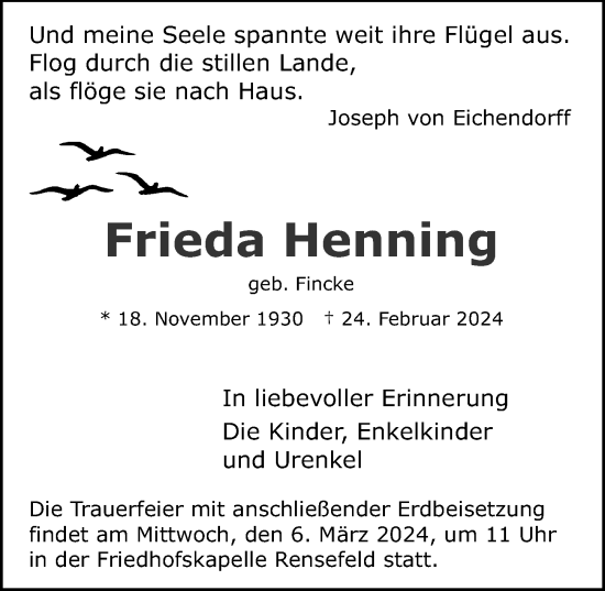 Traueranzeige von Frieda Henning von Lübecker Nachrichten