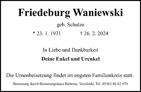 Traueranzeige von Friedeburg Waniewski von Aller Zeitung
