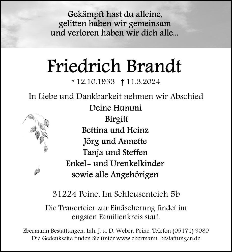  Traueranzeige für Friedrich Brandt vom 16.03.2024 aus Peiner Allgemeine Zeitung