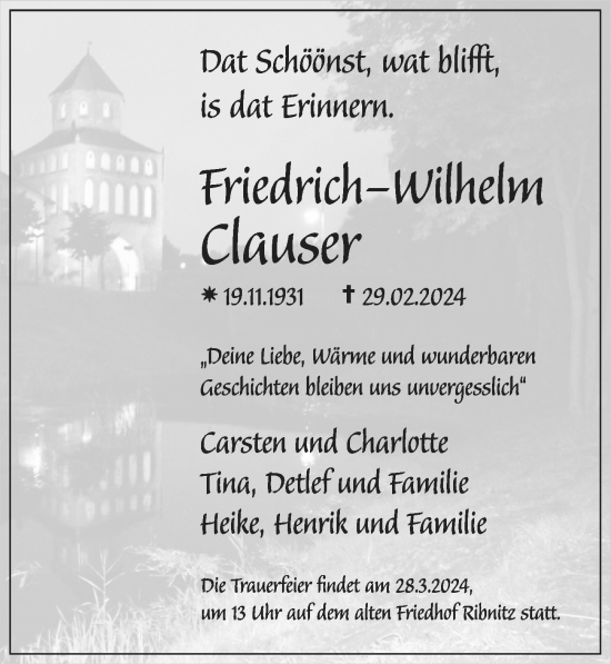 Traueranzeige von Friedrich-Wilhelm Clauser von Ostsee-Zeitung GmbH