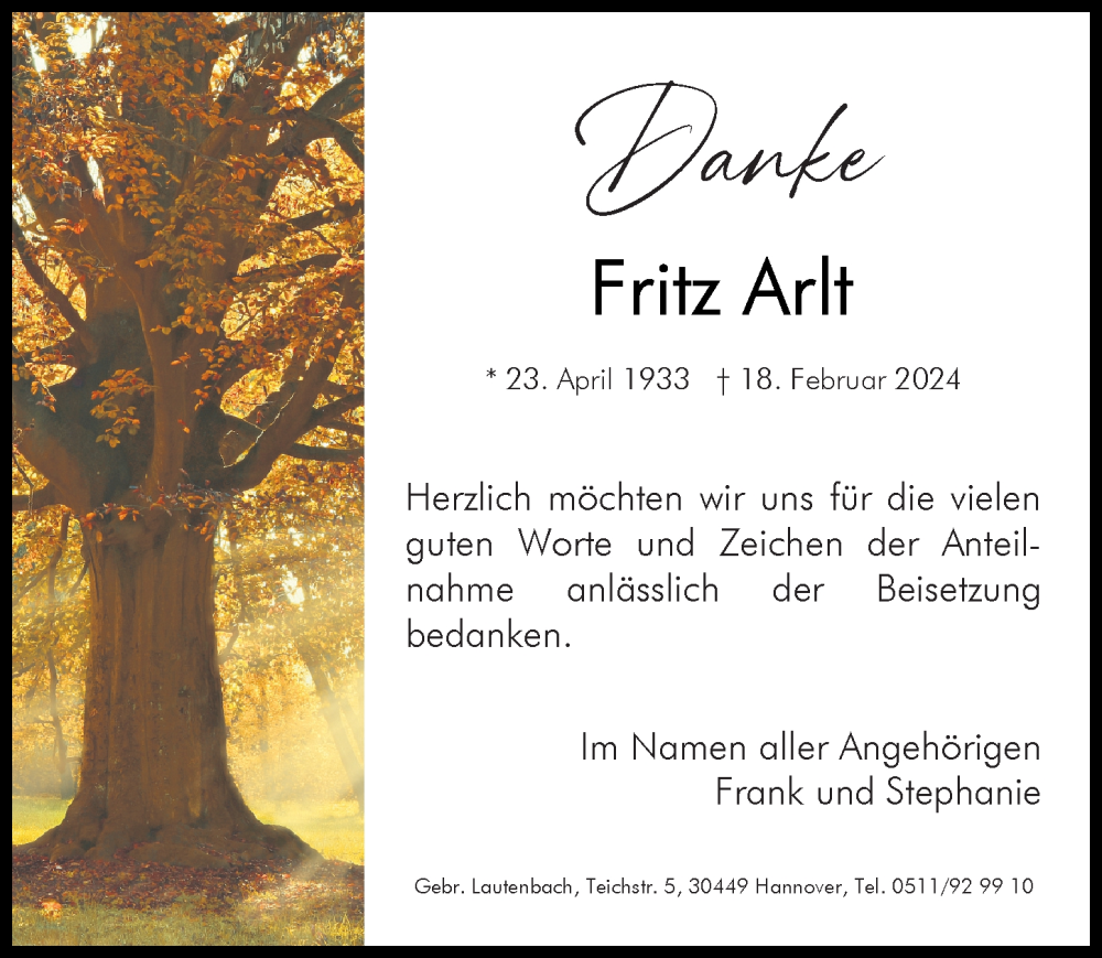  Traueranzeige für Fritz Arlt vom 02.03.2024 aus Hannoversche Allgemeine Zeitung/Neue Presse