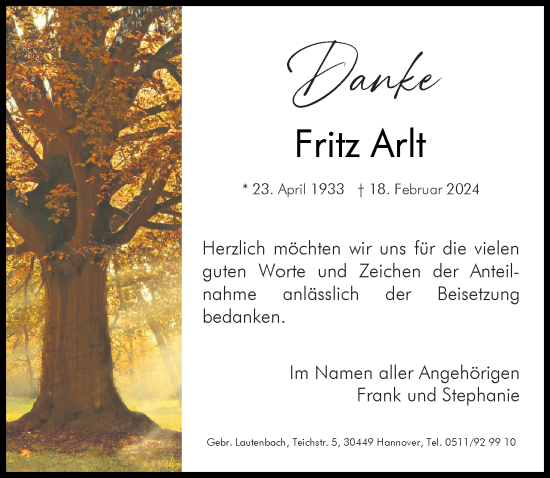 Traueranzeige von Fritz Arlt von Hannoversche Allgemeine Zeitung/Neue Presse
