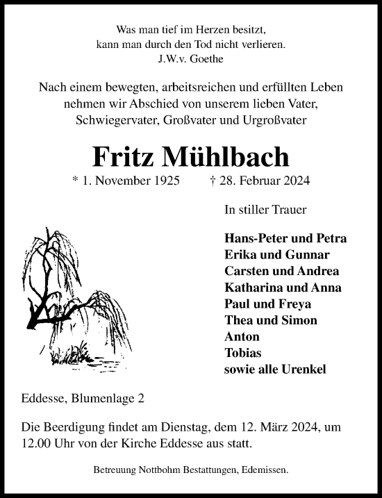 Traueranzeige von Fritz Mühlbach von Peiner Allgemeine Zeitung