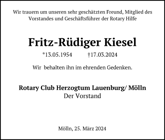Traueranzeige von Fritz-Rüdiger Kiesel von Lübecker Nachrichten