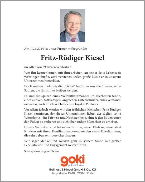 Traueranzeige von Fritz-Rüdiger Kiesel von Lübecker Nachrichten
