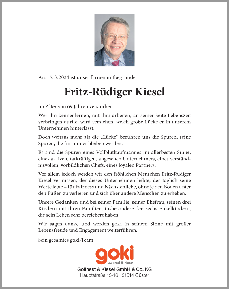  Traueranzeige für Fritz-Rüdiger Kiesel vom 24.03.2024 aus Lübecker Nachrichten