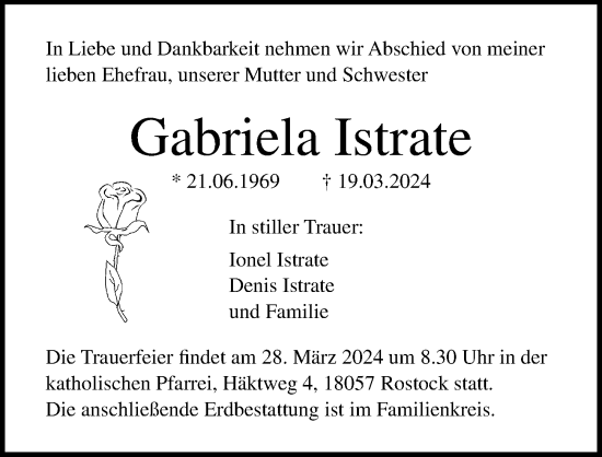 Traueranzeige von Gabriela Istrate von Ostsee-Zeitung GmbH