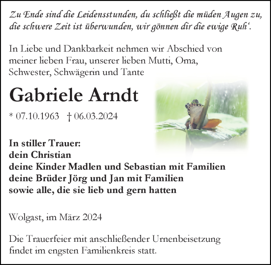 Traueranzeige von Gabriele Arndt von Ostsee-Zeitung GmbH