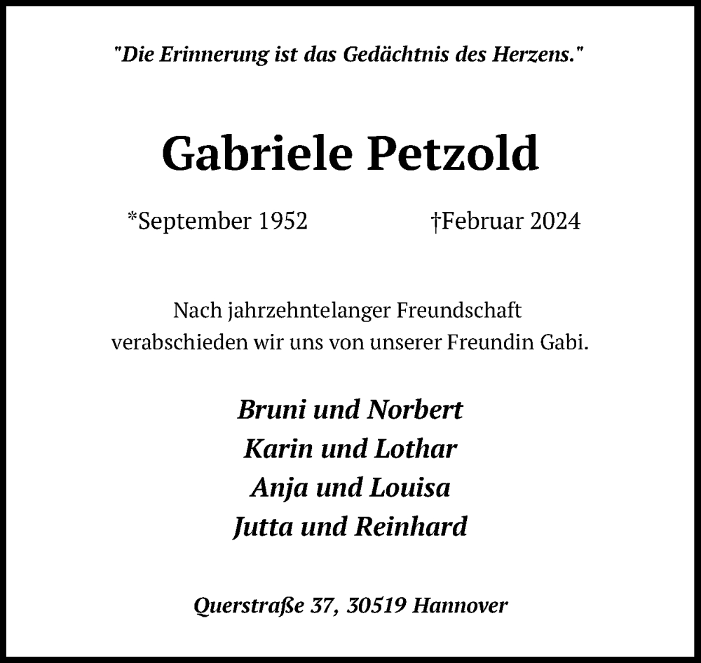  Traueranzeige für Gabriele Petzold vom 09.03.2024 aus Hannoversche Allgemeine Zeitung/Neue Presse
