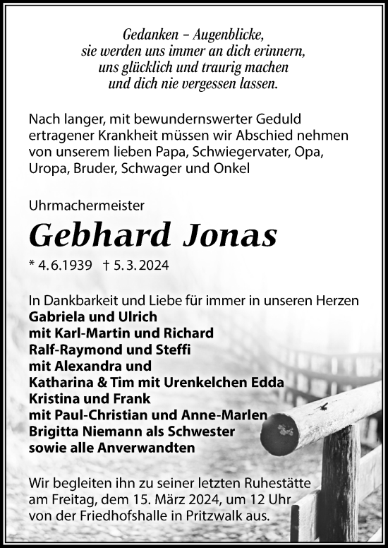 Traueranzeige von Gebhard Jonas von Märkischen Allgemeine Zeitung