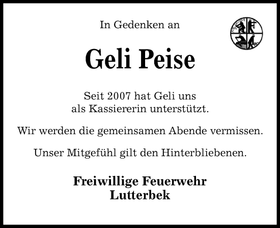 Traueranzeige von Geli Peise von Kieler Nachrichten
