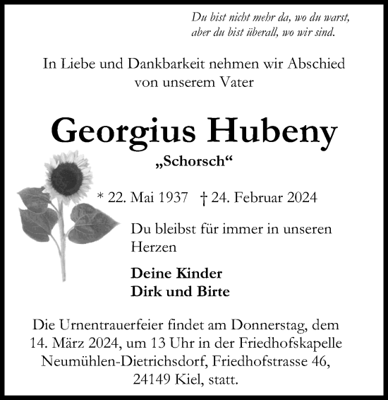 Traueranzeige von Georgius Hubeny von Kieler Nachrichten