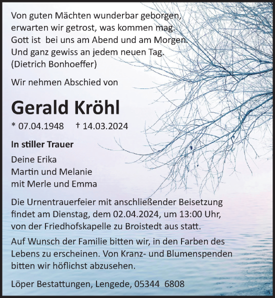 Traueranzeige von Gerald Kröhl von Peiner Allgemeine Zeitung