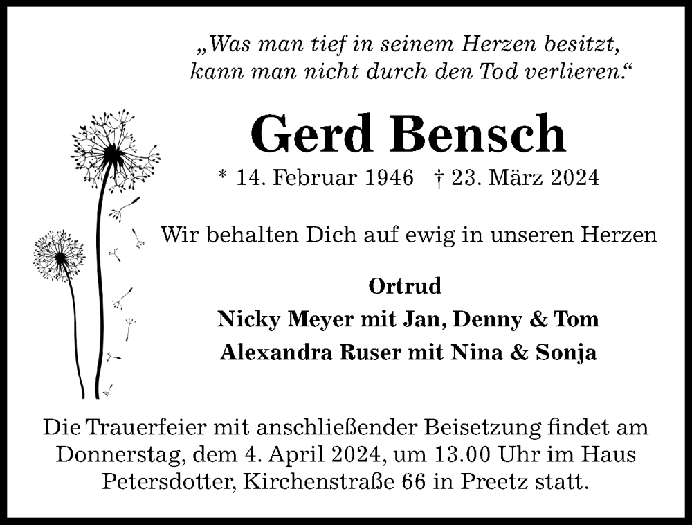  Traueranzeige für Gerd Bensch vom 30.03.2024 aus Kieler Nachrichten