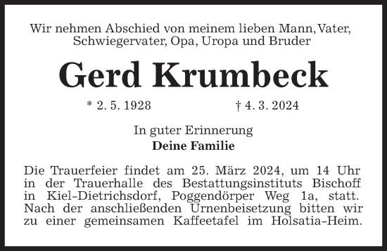 Traueranzeige von Gerd Krumbeck von Kieler Nachrichten