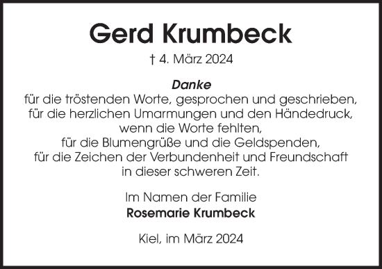 Traueranzeige von Gerd Krumbeck von Kieler Nachrichten