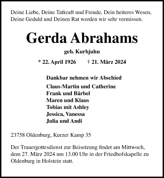 Traueranzeige von Gerda Abrahams von Lübecker Nachrichten