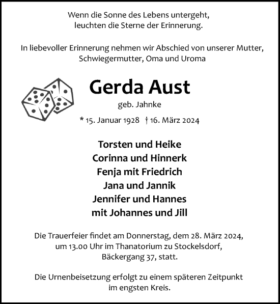 Traueranzeige von Gerda Aust von Lübecker Nachrichten