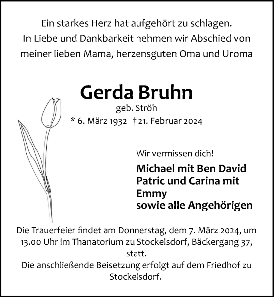Traueranzeige von Gerda Bruhn von Lübecker Nachrichten