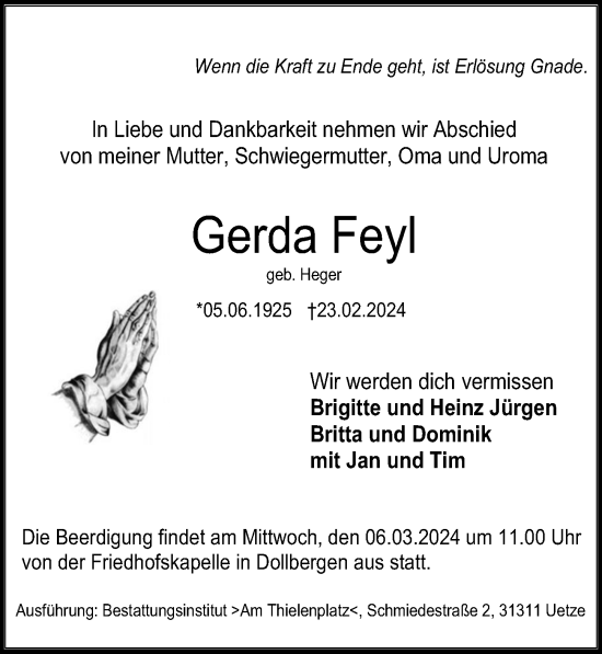 Traueranzeige von Gerda Feyl von Hannoversche Allgemeine Zeitung/Neue Presse
