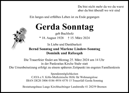 Traueranzeige von Gerda Sonntag von Hannoversche Allgemeine Zeitung/Neue Presse