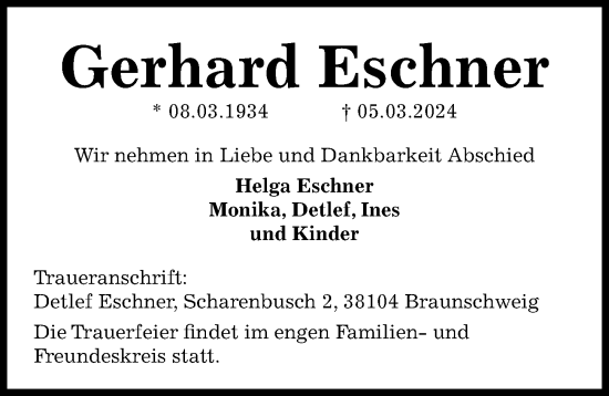 Traueranzeige von Gerhard Eschner von Aller Zeitung