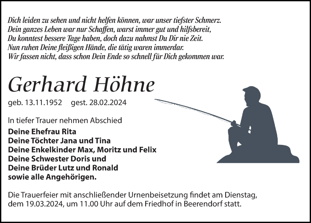 Traueranzeige für Gerhard Höhne vom 09.03.2024 aus Leipziger Volkszeitung
