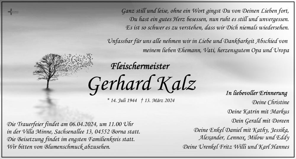  Traueranzeige für Gerhard Kalz vom 23.03.2024 aus Leipziger Volkszeitung
