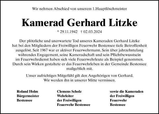Traueranzeige von Gerhard Litzke von Märkischen Allgemeine Zeitung