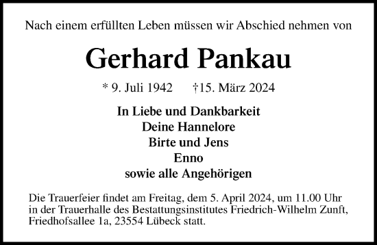 Traueranzeige von Gerhard Pankau von Lübecker Nachrichten