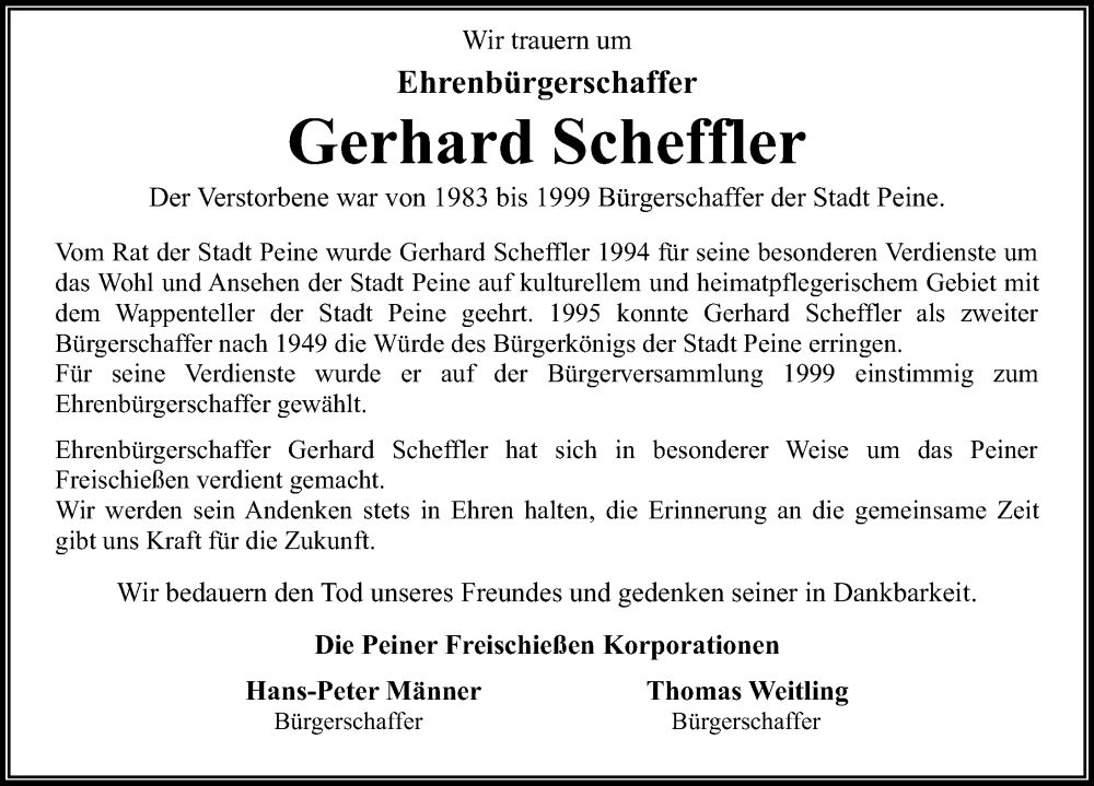  Traueranzeige für Gerhard Scheffler vom 16.03.2024 aus Peiner Allgemeine Zeitung