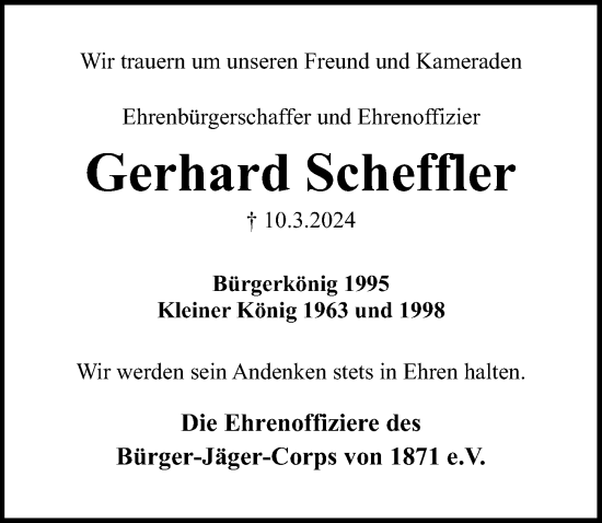 Traueranzeige von Gerhard Scheffler von Peiner Allgemeine Zeitung